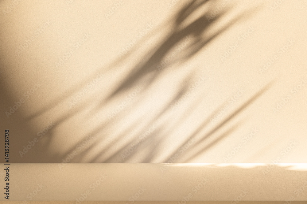 Studio style background wall decoration presentation uses white and beige tones. with shadows cast from a nearby window, concept creating a decorative backdrop.
