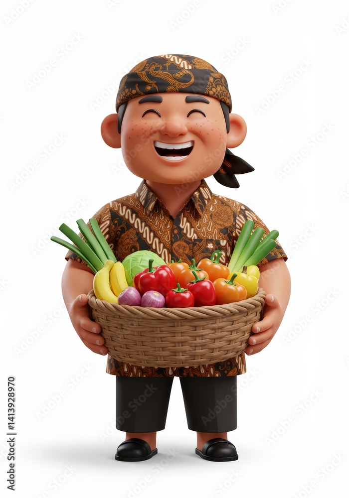Happy Character Holding Basket of Fresh Produce Happy Character Holding Basket of Fresh Produce