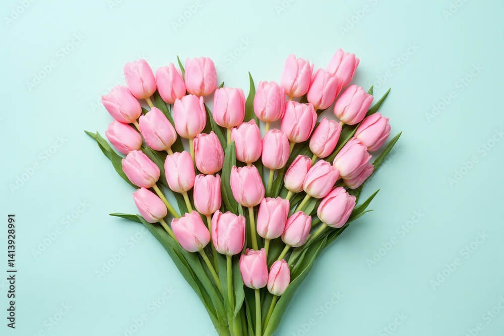 Obraz premium heart made out of pink tulips on a blue background