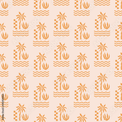 Abstract summer seamless pattern with palms and waves. Vector modern tropical checkered background. Fabric textile print. Surface cover design.