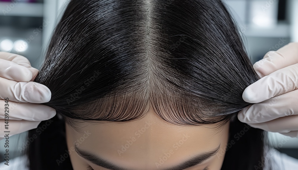 Fototapeta premium Medtech Hair Analysis Gloved Hands Examine Scalp and Dark Hair