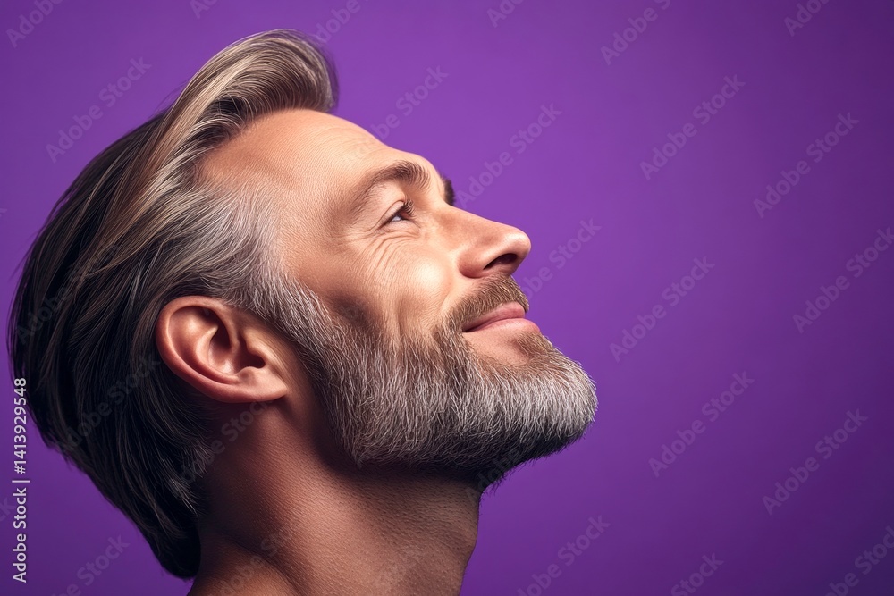 Fototapeta premium Chic men's textured crop haircut - midlife white man with blond hair. A studio glamour portrait of a confident man. Visual idea art of style for aging men. Purple solid background.
