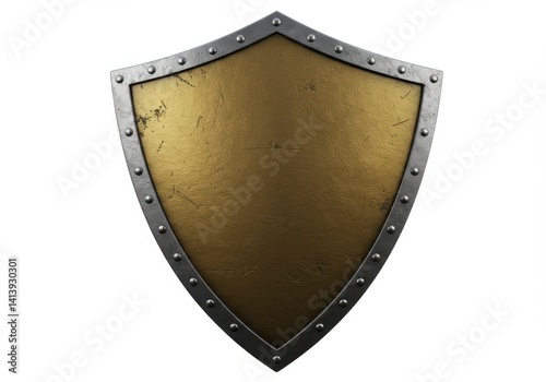 Isolated image of a gold shield with a metal border and rivets on a plain white background