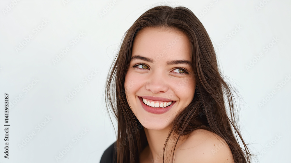 Beautiful smiling woman with long brown hair posing on white background Beautiful smiling woman with long brown hair posing on white background