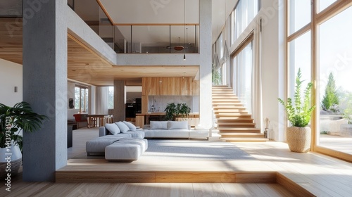 Spacious living room with wooden stairs