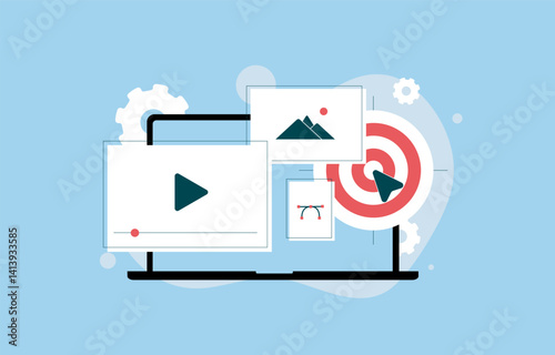 Content marketing strategy for blog articles, infographics, videos and visuals. Focus on audience retention and growing traffic through valuable creation. Content marketing vector illustration