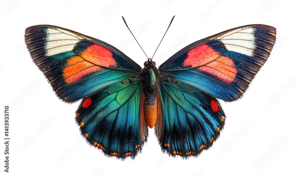Obraz premium Green, blue and red butterfly flying isolate on transparent background