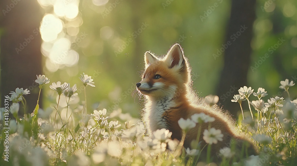 Naklejka premium Young fox sits amidst wildflowers, bathed in sunlight, green background