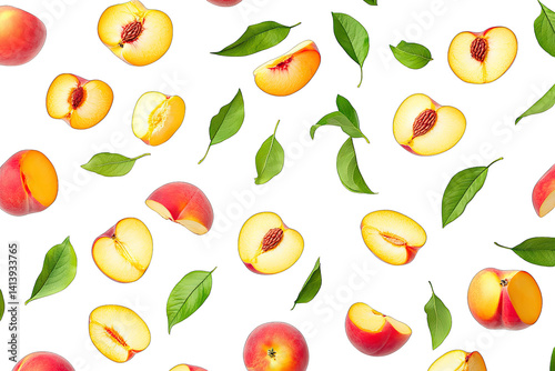 Wallpaper Mural whole and sliced peaches scattered with green leaves on a white background showcasing the fruit's texture and color ideal for food-related designs or culinary contexts Torontodigital.ca