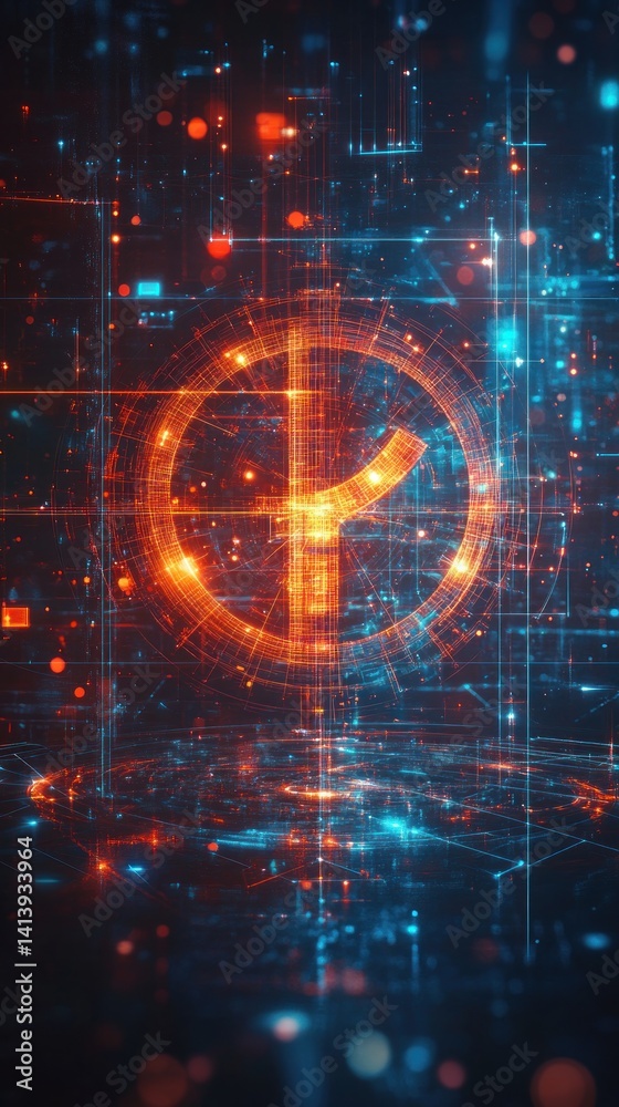 Obraz premium Abstract digital symbol, glowing in a network, data background. Possible use technology concept