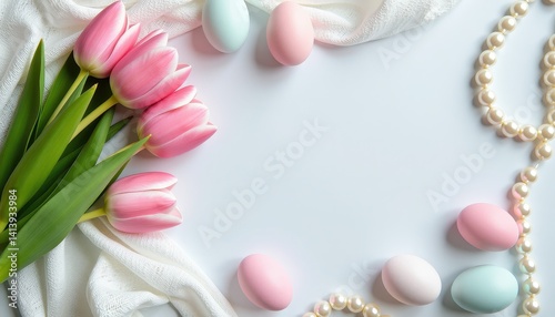 Vibrant Pink Tulips, Pastel Eggs, and Pearl Chain: Festive Easter Arrangement. A white cloth, pink tulips, and pastel colored eggs on a white background.
