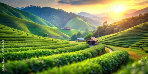 Obraz na płótnie Chiang Rai Tea Plantation Tilt-Shift Photo: Miniature Scenic View of Northern Thailand Tea Farm w salonie