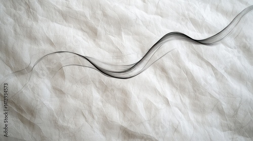 A single delicate ink stroke flowing across sheet handmade paper, its organic curves blending harmoniously with texture fibers beneath it