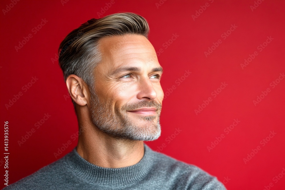 Fototapeta premium Conceptual art of style for aging men. Elegant men's classic long sweep haircut - midlife white man with blond hair. A fashionable man posing for a stylish portrait. Red solid background.