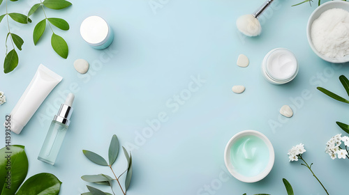 Skincare products and natural elements arranged on light blue surface