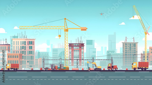 Cityscape featuring construction activities of buildings under development in daylight