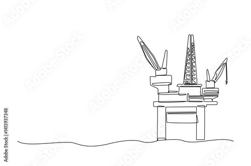 Offshore oil rig in continuous one line drawing. Single line art illustration of ocean petrol drilling platform. Editable vector.
