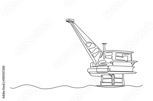 Offshore oil rig in continuous one line drawing. Single line art illustration of ocean petrol drilling platform. Editable vector.
