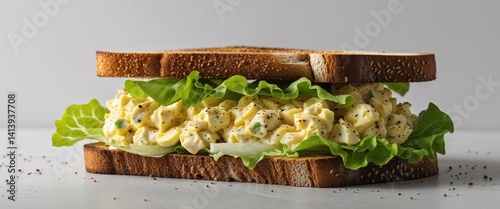 Delicious Egg Salad Sandwich on Toasted Bread with Fresh Lettuce Simple Background Close up. photo