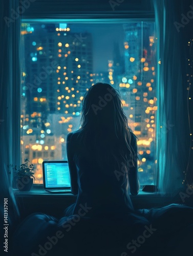 Contemplative silhouette by the window watching the twinkling lights of cityscape