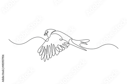Small bird in continuous one line drawing. Single line art illustration of flying bird. Editable vector.