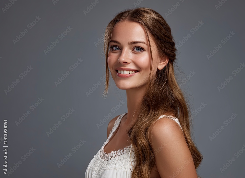 Radiant Woman: Smiling Portrait with Long Brown Hair, Soft Lighting Radiant Woman: Smiling Portrait with Long Brown Hair, Soft Lighting