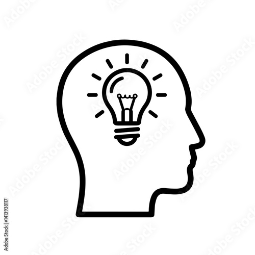 Minimalistic bold black-and-white line art illustration of a head silhouette with a lightbulb inside, concept of ideas and creativity, modern design