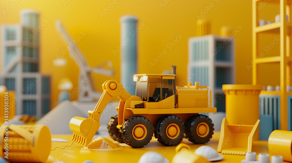 A stylized yellow construction scene with a large excavator A stylized yellow construction scene with a large excavator