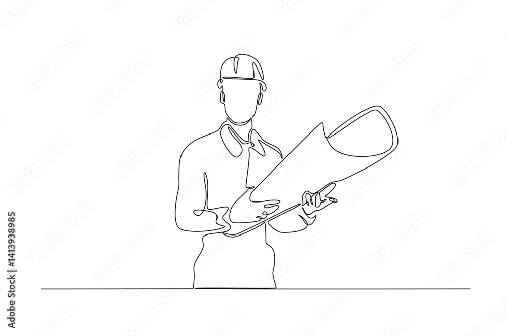 Obraz premium Engineer holds paper or blueprint in continuous one line drawing. Single line art illustration of architect holding blueprint. Editable vector.