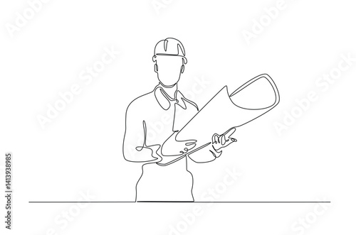 Engineer holds paper or blueprint in continuous one line drawing. Single line art illustration of architect holding blueprint. Editable vector.