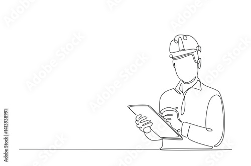 Engineer holds paper or blueprint in continuous one line drawing. Single line art illustration of architect holding blueprint. Editable vector.