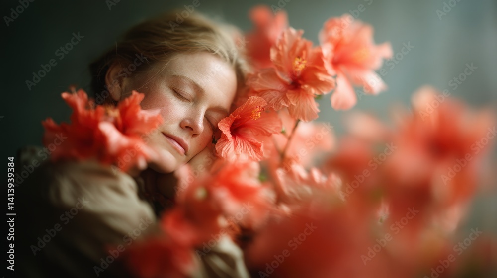Naklejka premium Serene Woman Sleeping Hibiscus Flowers Cinematic Portrait Macro Photography