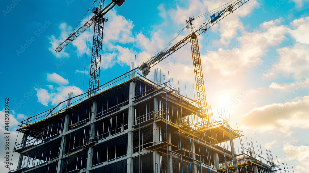 A modern building construction site with two large cranes above A modern building construction site with two large cranes above