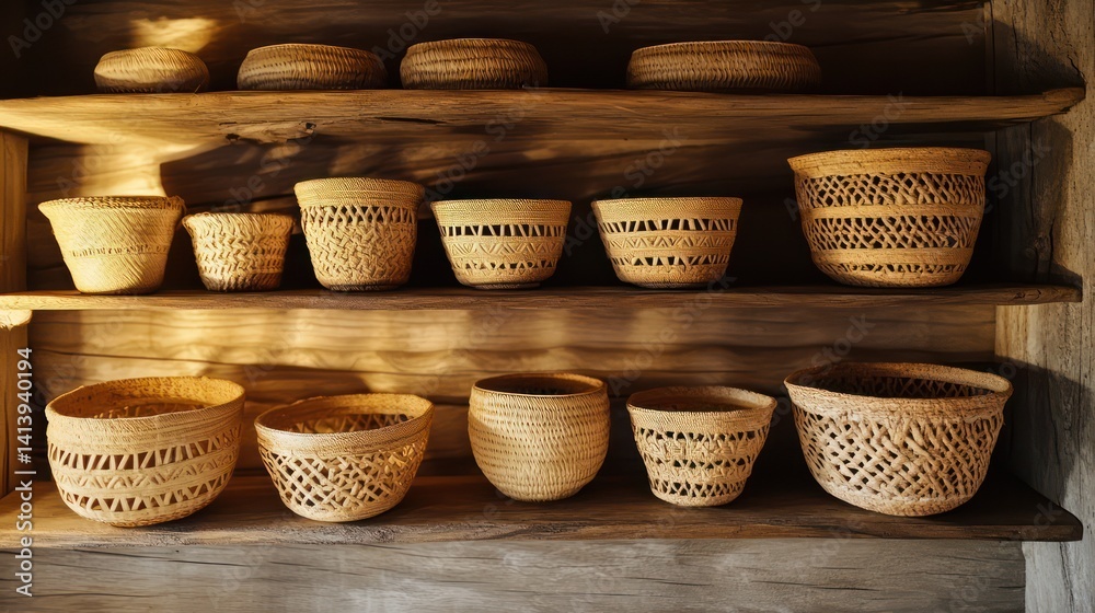 A set woven baskets displayed rustic wooden shelf, illuminated soft warm lighting, emphasizing handmade textures cultural significance with high level realism A set woven baskets displayed rustic wooden shelf, illuminated soft warm lighting, emphasizing handmade textures cultural significance with high level realism