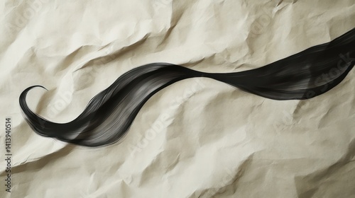 A single delicate ink stroke flowing across sheet handmade paper, its organic curves blending harmoniously with texture fibers beneath it