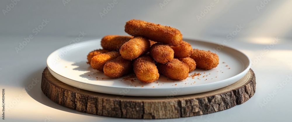 Fototapeta premium Serving Fried Croquettes on a White Plate with Wood Base
