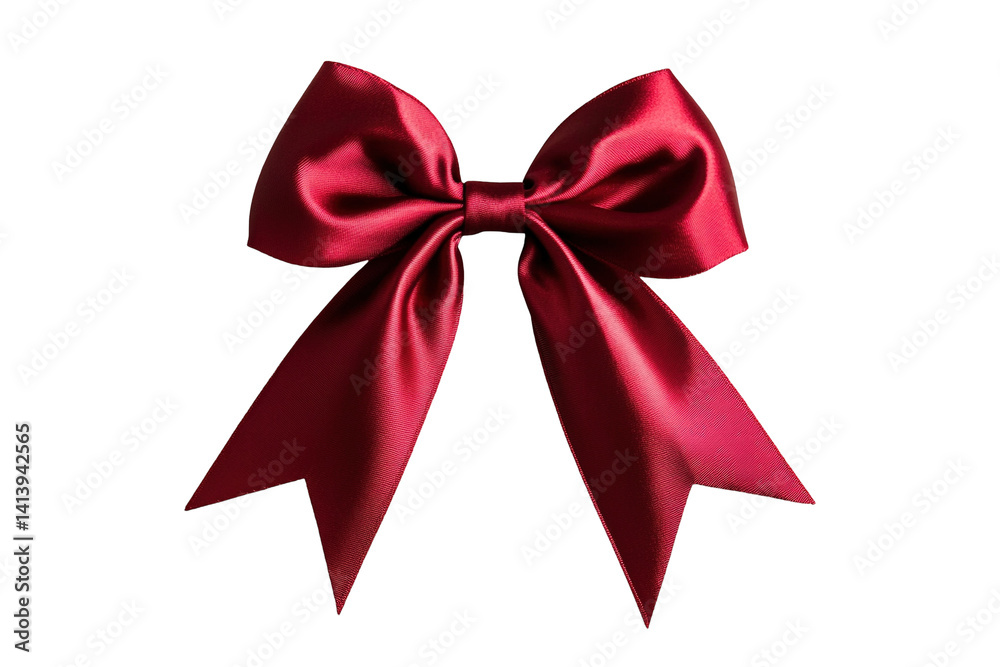 Fototapeta premium Symmetrical maroon ribbon bow with glossy sheen, centered on a transparent background, festive and elegant