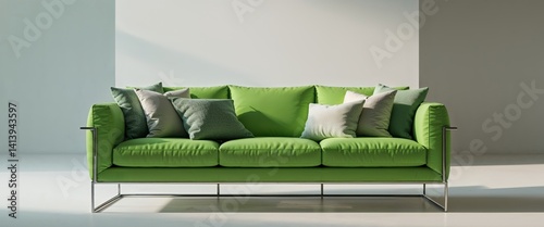 Green couch with pillows and a metal frame