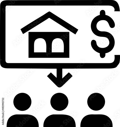 group of people considering real estate investment, represented by house icon and dollar sign. image suggests financial planning and property market analysis
