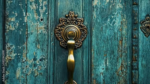 Aged teal wooden door with ornate brass handle