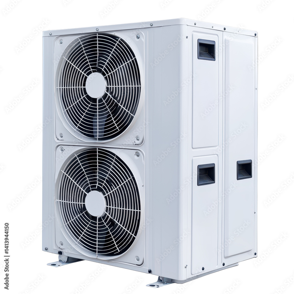 Modern outdoor air conditioning unit with dual large fans and sleek white housing for efficient climate control in residential and commercial buildings on transparent background Modern outdoor air conditioning unit with dual large fans and sleek white housing for efficient climate control in residential and commercial buildings on transparent background
