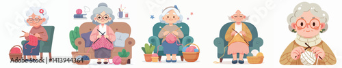 Vector of an elderly woman knitting.