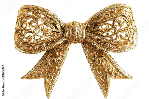 Gold ornate bow. Delicate filigree, ribbon loops, and knot create an elegant, luxurious decorative design transparent background backdrop