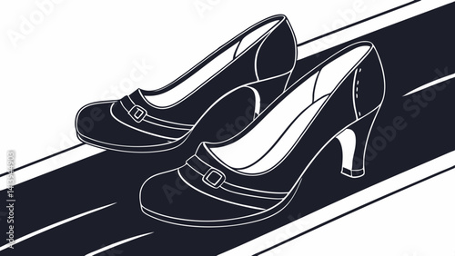 Dark navy blue women's leather high-heeled pumps made of leather, isolated on a black  background. Women's fashionable classic shoes vector  illustration.
