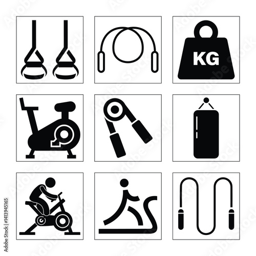 Fitness And Workout Equipment Black Icons Collection On White Background Vector Illustration