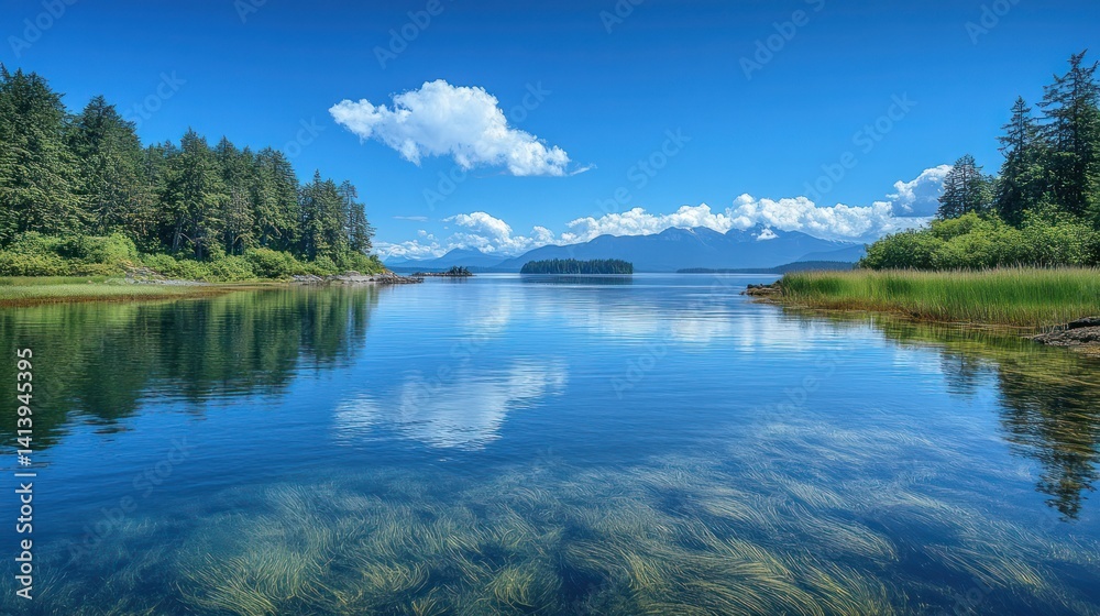Fototapeta premium Serene lake view reflecting tranquil waters and forested shoreline under blue skies
