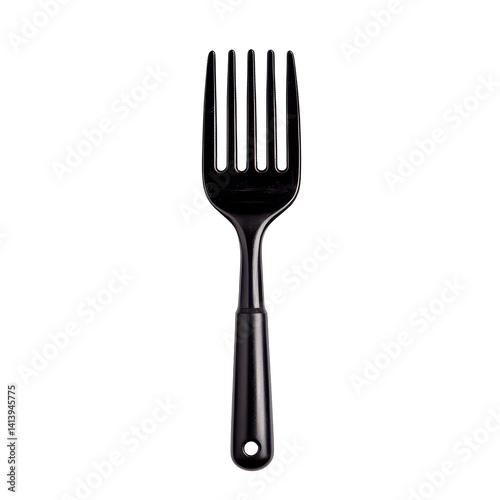 Black plastic fork with five tines designed for eating food and dining table use on transparent background for culinary and utensil presentation