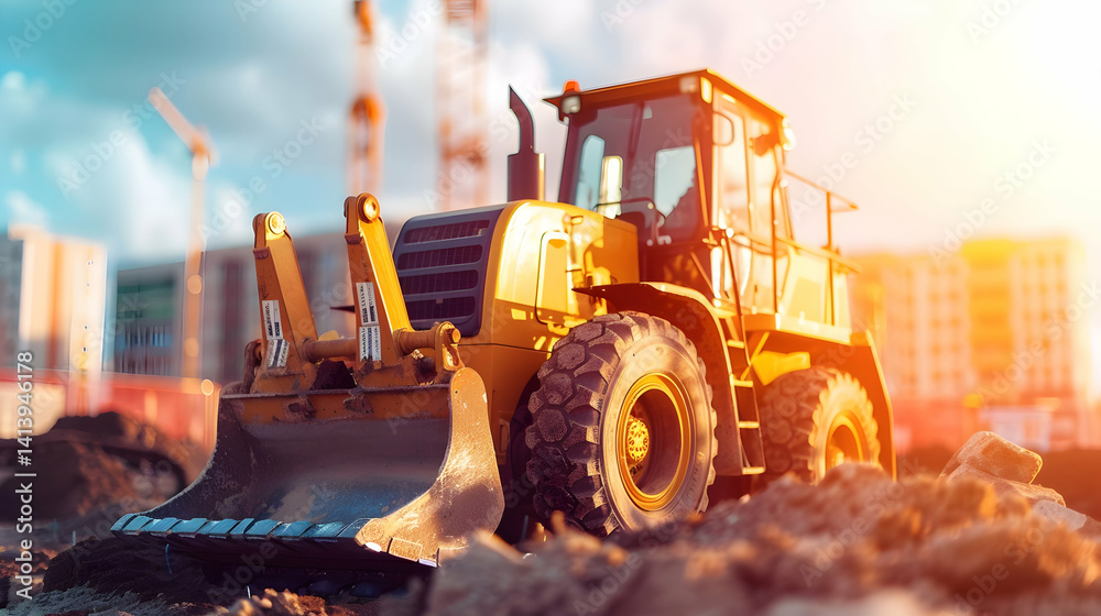 A large yellow bulldozer working on a construction site A large yellow bulldozer working on a construction site