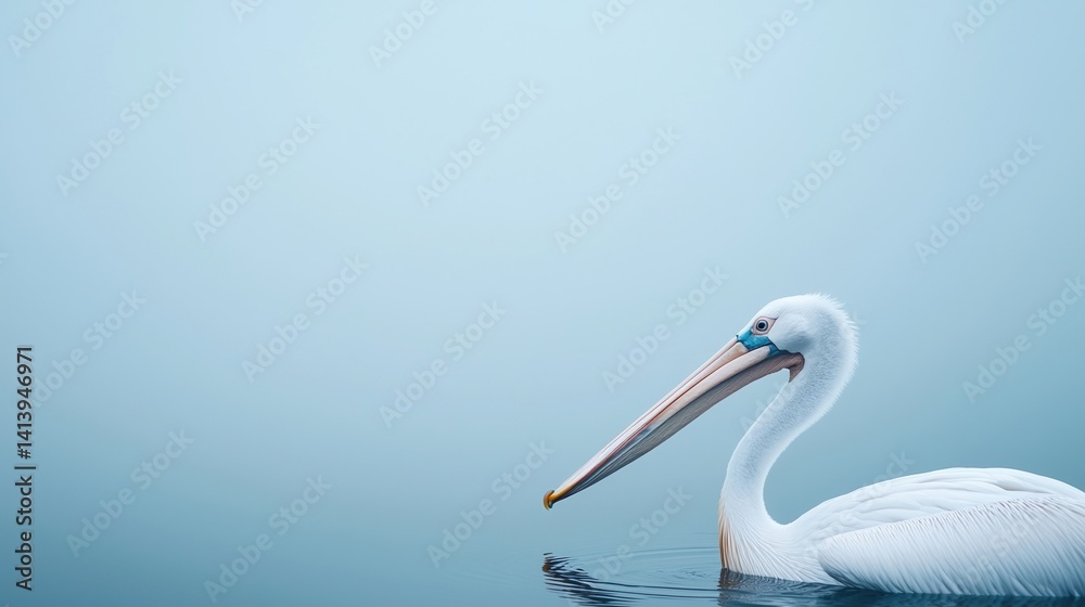Obraz premium A serene white pelican glides gracefully across calm waters, surrounded by a soft, muted blue background.