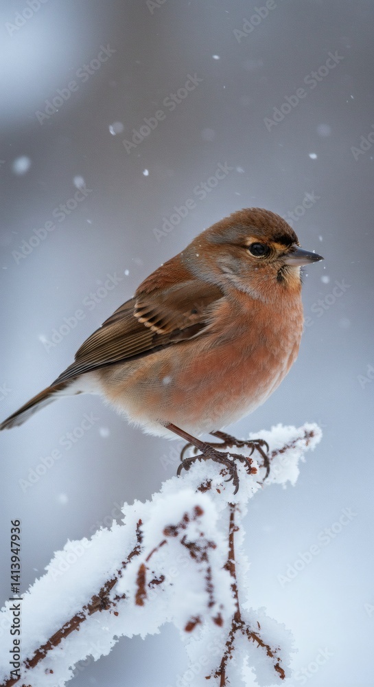 Brambling Bird on Snowy Branch: A Serene Winter Scene Brambling Bird on Snowy Branch: A Serene Winter Scene